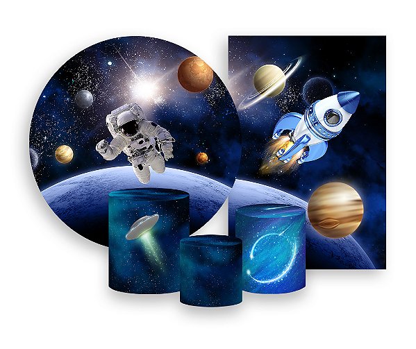 Kit 2 Painéis De Festa + Trio De Capas Cilindro - Astronauta Galáxia Realista 001