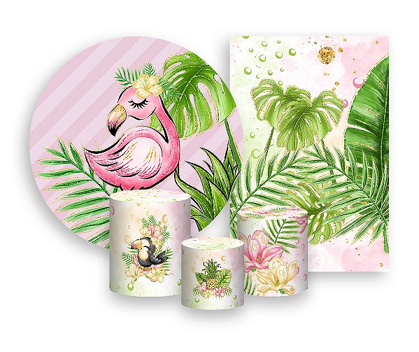 Kit 2 Painéis De Festa + Trio De Capas Cilindro - Flamingo Tropical Rosa 002