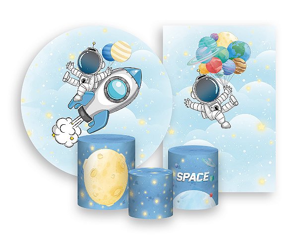 Kit 2 Painéis De Festa + Trio De Capas Cilindro - Astronauta Cute Aquarela 002