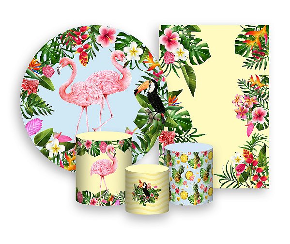 Kit 2 Painéis De Festa + Trio De Capas Cilindro - Tropical Flamingos 007