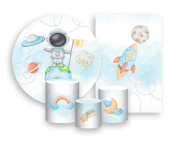 Kit 2 Painéis De Festa + Trio De Capas Cilindro - Astronauta Cute Aquarela 005