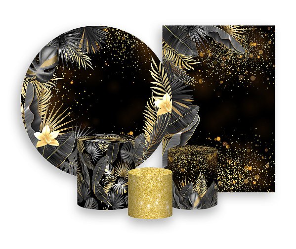 Kit 2 Painéis De Festa + Trio De Capas Cilindro - Tropical Chique Preto com Dourado 008