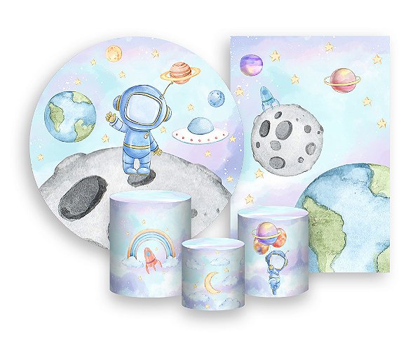 Kit 2 Painéis De Festa + Trio De Capas Cilindro - Astronauta Candy na Lua 006