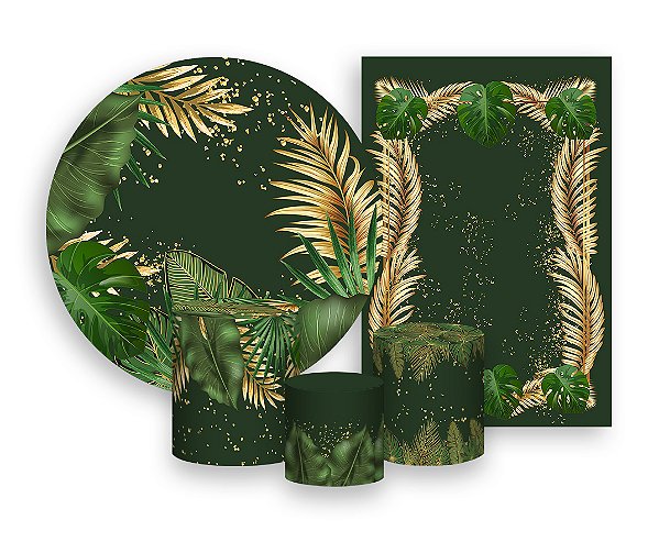 Kit 2 Painéis De Festa + Trio De Capas Cilindro - Tropical Chique Verde com Dourado 009