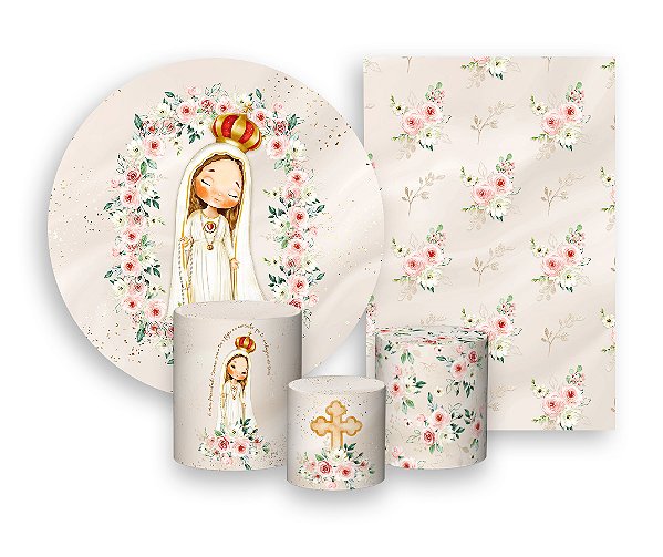 Kit 2 Painéis De Festa + Trio De Capas Cilindro - Santa Nossa Senhora de Fátima Cute 003