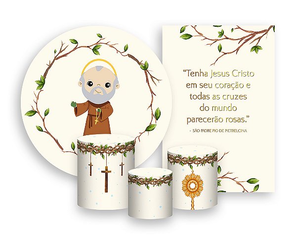 Kit 2 Painéis De Festa + Trio De Capas Cilindro - Santo São Padre Pio Católico 006