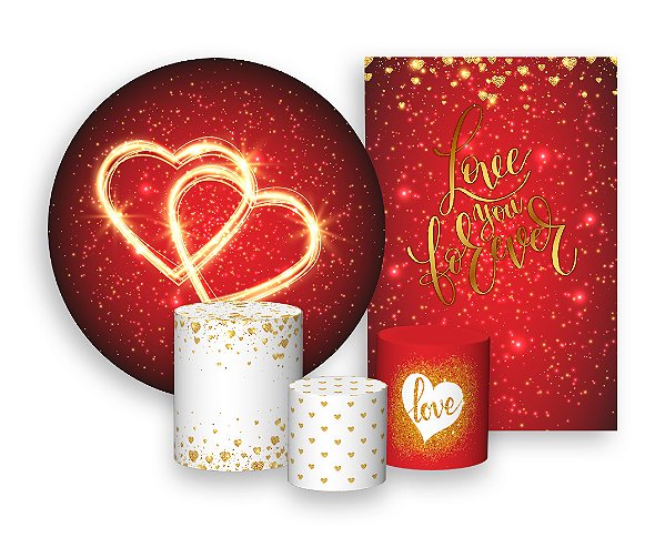 Kit 2 Painéis De Festa + Trio De Capas Cilindro - Noivado Coração Dourado 001