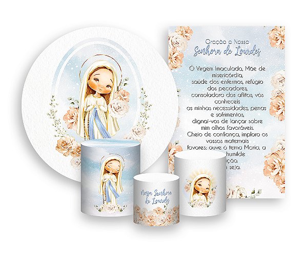 Kit 2 Painéis De Festa + Trio De Capas Cilindro - Nossa Senhora de Lourdes Branco Floral 010