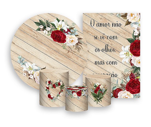 Kit 2 Painéis De Festa + Trio De Capas Cilindro - Casamento Rústico Flores Vermelhas 003