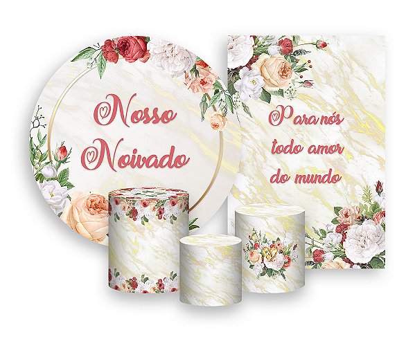 Kit 2 Painéis De Festa + Trio De Capas Cilindro - Nosso Noivado Efeito Mármore 004