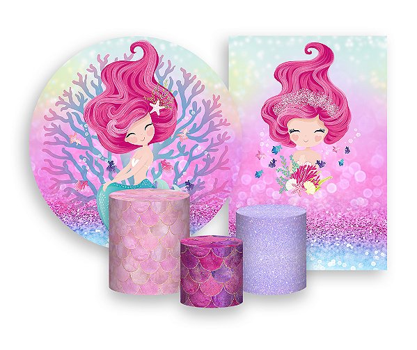 Kit 2 Painéis De Festa + Trio De Capas Cilindro - Efeito Glitter Sereia 001