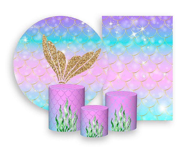 Kit 2 Painéis De Festa + Trio De Capas Cilindro - Escamas Glitter Cauda Dourada 003
