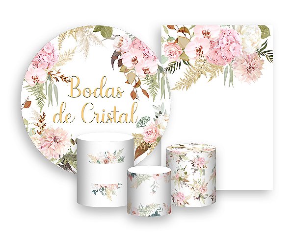 Kit 2 Painéis De Festa + Trio De Capas Cilindro - Bodas de Cristal Floral 011