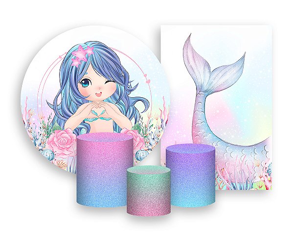 Kit 2 Painéis De Festa + Trio De Capas Cilindro - Sereia Candy Brilhante 005