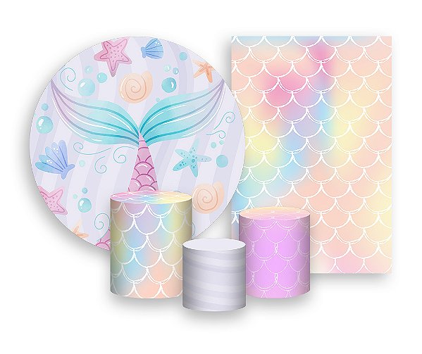 Kit 2 Painéis De Festa + Trio De Capas Cilindro - Cauda Sereia Candy 006