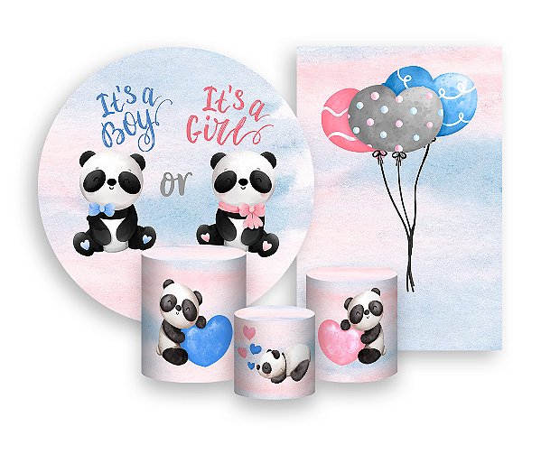 Kit 2 Painéis De Festa + Trio De Capas Cilindro - Chá Revelação Panda 001