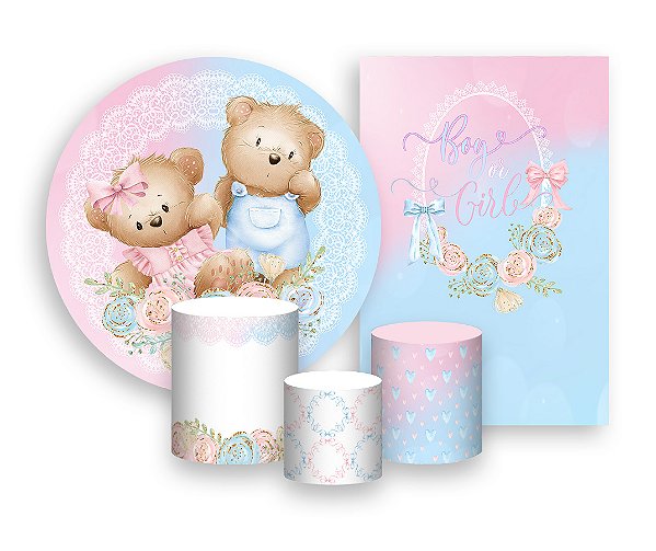 Kit 2 Painéis De Festa + Trio De Capas Cilindro - Ursinhos Cute Azul e Rosa Revelação 010