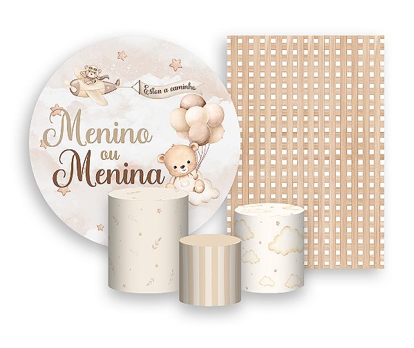 Kit 2 Painéis De Festa + Trio De Capas Cilindro - Ursinho Bege Revelação Menino ou Menina 011