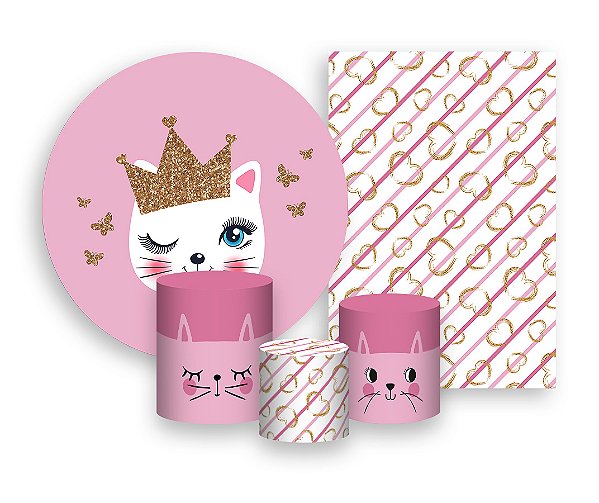 Kit 2 Painéis De Festa + Trio De Capas Cilindro - Gatinha Rosa 001