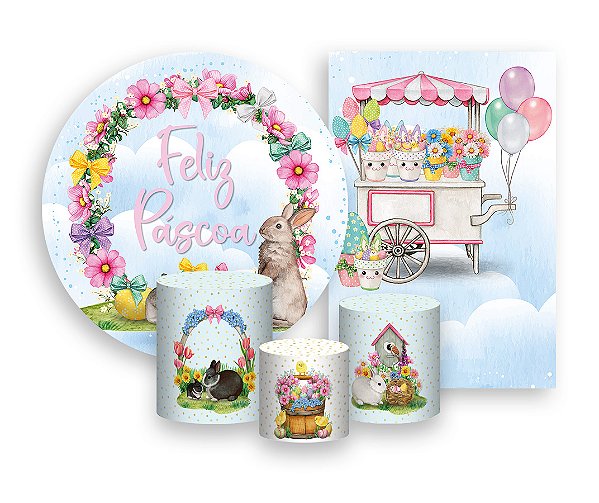 Kit 2 Painéis De Festa + Trio De Capas Cilindro - Feliz Páscoa Coelhos Rosa 001