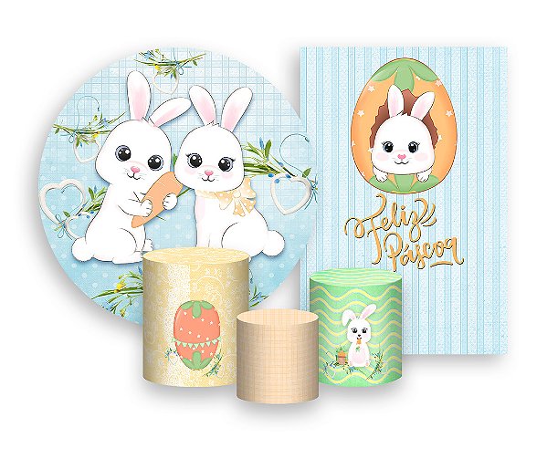 Kit 2 Painéis De Festa + Trio De Capas Cilindro - Páscoa Azul Coelhinhos 003