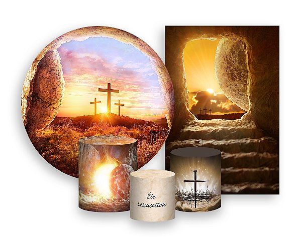 Kit 2 Painéis De Festa + Trio De Capas Cilindro - Páscoa Cristã Cruz no Amanhecer 005