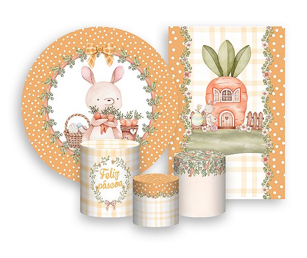 Kit 2 Painéis De Festa + Trio De Capas Cilindro - Coelho de Páscoa Laranja 007