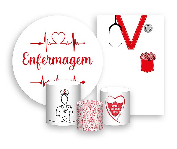 Kit 2 Painéis De Festa + Trio De Capas Cilindro - Profissão Enfermagem Batimentos 002