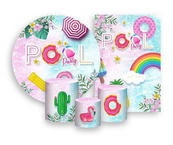 Kit 2 Painéis De Festa + Trio De Capas Cilindro - Pool Party Rosa e Azul 003