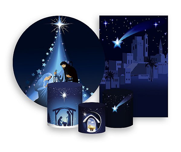 Kit 2 Painéis De Festa + Trio De Capas Cilindro - Sagrada Família Natal Azul 001