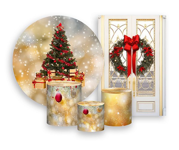 Kit 2 Painéis De Festa + Trio De Capas Cilindro - Natal Tons Dourados com Árvore 010