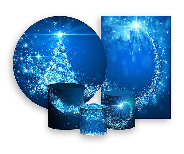 Kit 2 Painéis De Festa + Trio De Capas Cilindro - Natal Azul Iluminado 011