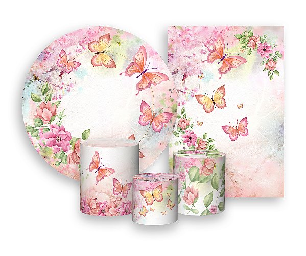Kit 2 Painéis De Festa + Trio De Capas Cilindro - Borboletas Flores Rosas 001