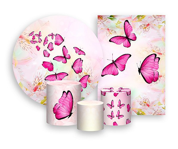 Kit 2 Painéis De Festa + Trio De Capas Cilindro - Borboletas Pink Voando 004