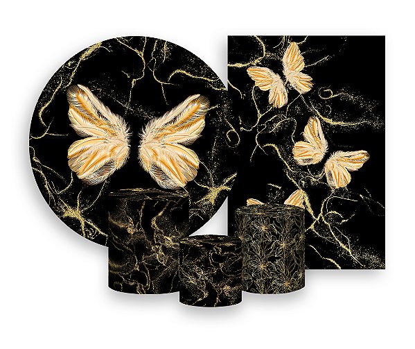 Kit 2 Painéis De Festa + Trio De Capas Cilindro - Borboletas Asas Douradas 005
