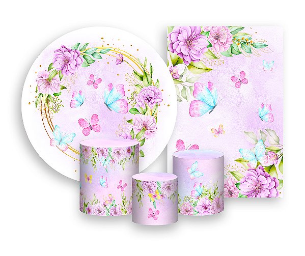 Kit 2 Painéis De Festa + Trio De Capas Cilindro - Borboletas Floral Lilás 007