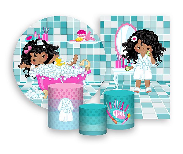 Kit 2 Painéis De Festa + Trio De Capas Cilindro - Dia de Spa Banheira Menina 001