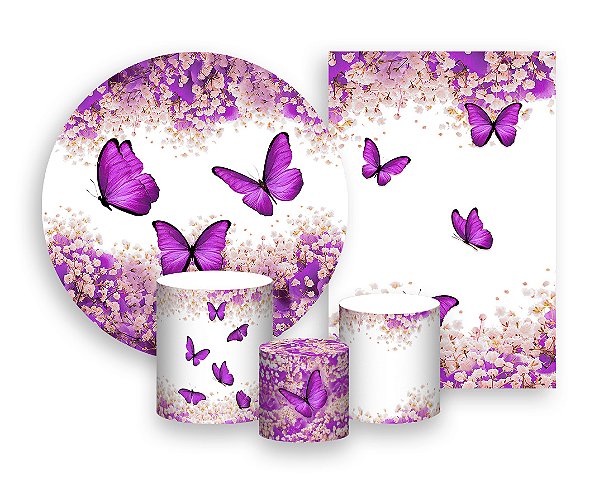 Kit 2 Painéis De Festa + Trio De Capas Cilindro - Borboletas Floral Roxo 015
