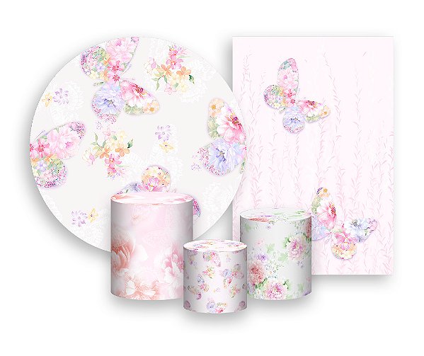 Kit 2 Painéis De Festa + Trio De Capas Cilindro - Borboletas Floral Colorido 018