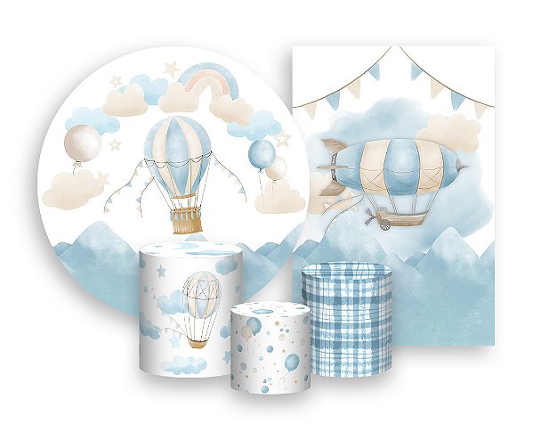 Kit 2 Painéis De Festa + Trio De Capas Cilindro - Balão Aquarela Azul com Bege 002
