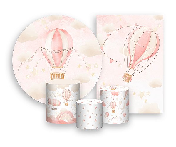 Kit 2 Painéis De Festa + Trio De Capas Cilindro - Balão Cute Rosa 003