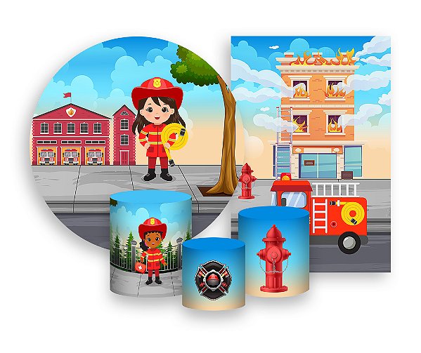 Kit 2 Painéis De Festa + Trio De Capas Cilindro - Bombeira Cute Cidade 001