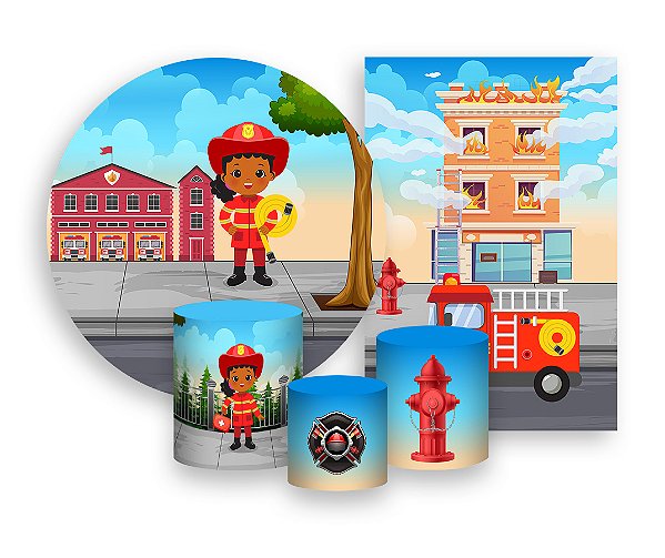 Kit 2 Painéis De Festa + Trio De Capas Cilindro - Bombeira Cute Menina 003