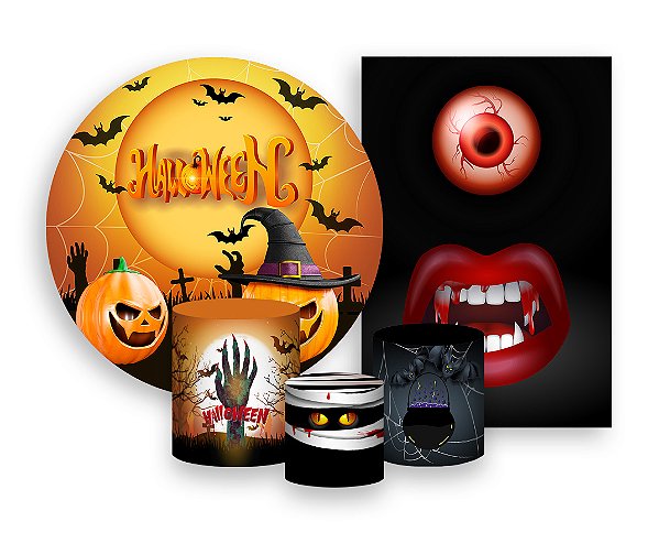 Kit 2 Painéis De Festa + Trio De Capas Cilindro - Halloween Alaranjado 004