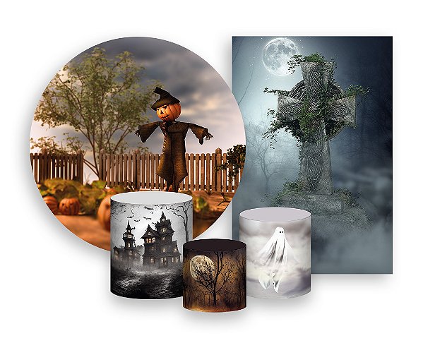 Kit 2 Painéis De Festa + Trio De Capas Cilindro - Halloween Espantalho Assombrado 005