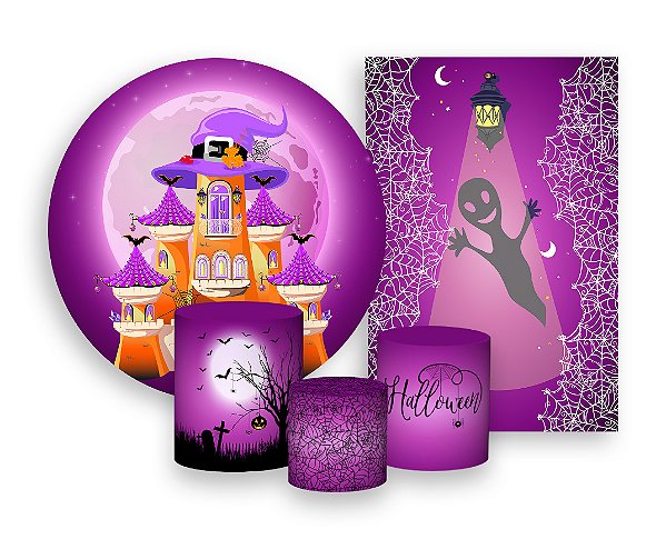 Kit 2 Painéis De Festa + Trio De Capas Cilindro - Halloween Roxo Casa de Bruxa 007