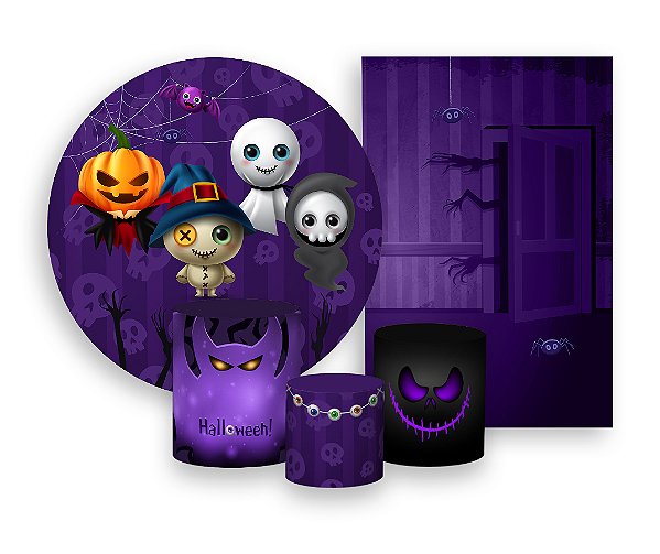 Kit 2 Painéis De Festa + Trio De Capas Cilindro - Halloween Cute Roxo 008