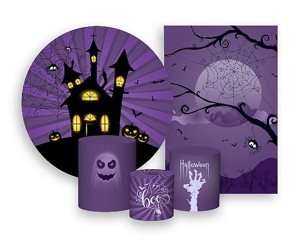 Kit 2 Painéis De Festa + Trio De Capas Cilindro - Halloween Roxo Castelo 009