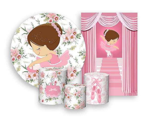 Kit 2 Painéis De Festa + Trio De Capas Cilindro - Bailarina Cute Alongando 005