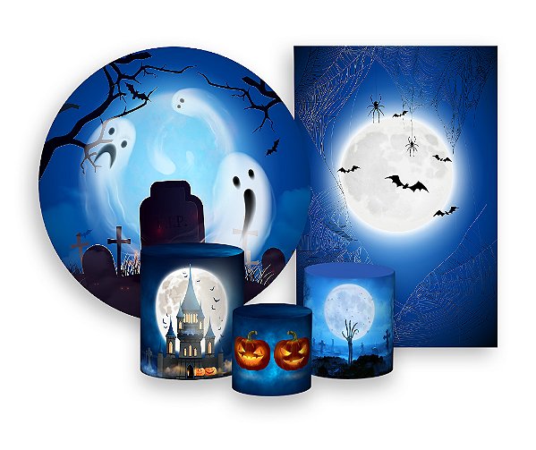 Kit 2 Painéis De Festa + Trio De Capas Cilindro - Halloween Cemitério Fantasmas 011